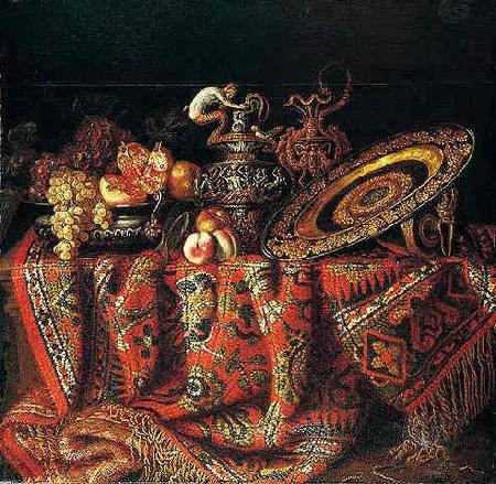 Jacques Hupin A still life of peaches, grapes and pomegranates in a pewter bowl, an ornate ormolu plate and ewers, all resting on a table draped with a carpet oil painting picture